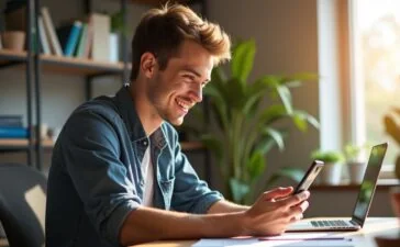 Ein hell erleuchteter, moderner Arbeitsplatz mit einem lächelnden jungen Erwachsenen, der konzentriert mit lockerem Smartphone in der Hand ein Video bearbeitet, während natürliches Tageslicht warm durchs Fenster fällt und die kreative, mobile Arbeitswelt lebendig und freundlich einfängt.