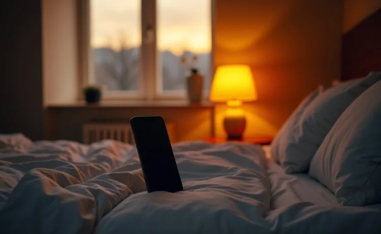 Ein warm beleuchteter Nachttisch im heimischen Schlafzimmer, auf dem ein modernes Smartphone neben einer sanft glimmenden Lampe liegt, während zarte Morgen- oder Abendsonne durch ein Fenster fällt und so die unsichtbaren, digitalen Verbindungen des Geräts subtil spürbar macht – ein ehrlicher und zugleich beruhigender Moment voller technischer Präsenz im Alltag.