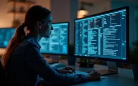 Eine helle, freundlich beleuchtete Büro-Szene mit konzentrierter Person vor mehreren Bildschirmen voller digitaler Sicherheitsdaten, umgeben von warmem Tageslicht und modernen, realistischen Details, die Vertrauen und Verantwortungsbewusstsein in der Cyber-Sicherheit ausstrahlen.