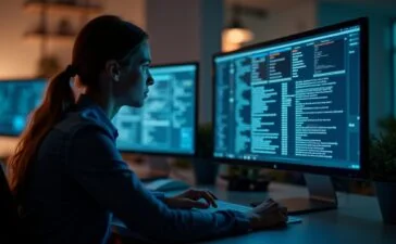 Eine helle, freundlich beleuchtete Büro-Szene mit konzentrierter Person vor mehreren Bildschirmen voller digitaler Sicherheitsdaten, umgeben von warmem Tageslicht und modernen, realistischen Details, die Vertrauen und Verantwortungsbewusstsein in der Cyber-Sicherheit ausstrahlen.