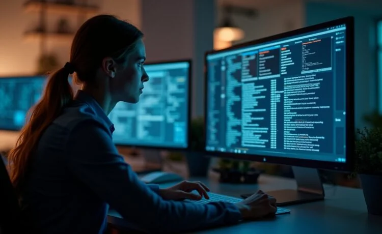 Eine helle, freundlich beleuchtete Büro-Szene mit konzentrierter Person vor mehreren Bildschirmen voller digitaler Sicherheitsdaten, umgeben von warmem Tageslicht und modernen, realistischen Details, die Vertrauen und Verantwortungsbewusstsein in der Cyber-Sicherheit ausstrahlen.