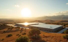 Eine sonnendurchflutete, moderne Landschaft in Südspanien zeigt ein hochmodernes KI-Rechenzentrum umgeben von weiten Solarfeldern und sanften Hügeln, während eine warme, freundliche Atmosphäre durch das natürliche Licht eine zukunftsweisende Symbiose aus nachhaltiger Energie und technologischer Innovation vermittelt.