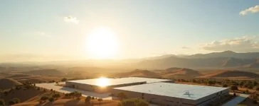 Eine sonnendurchflutete, moderne Landschaft in Südspanien zeigt ein hochmodernes KI-Rechenzentrum umgeben von weiten Solarfeldern und sanften Hügeln, während eine warme, freundliche Atmosphäre durch das natürliche Licht eine zukunftsweisende Symbiose aus nachhaltiger Energie und technologischer Innovation vermittelt.