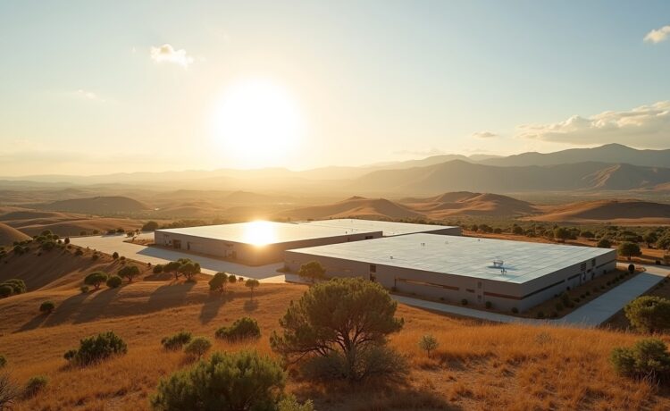 Eine sonnendurchflutete, moderne Landschaft in Südspanien zeigt ein hochmodernes KI-Rechenzentrum umgeben von weiten Solarfeldern und sanften Hügeln, während eine warme, freundliche Atmosphäre durch das natürliche Licht eine zukunftsweisende Symbiose aus nachhaltiger Energie und technologischer Innovation vermittelt.