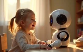 Ein warm erleuchtetes Kinderzimmer mit einem neugierigen Mädchen, das lachend an einem modernen, humanoiden Lernroboter aus Plüsch und Technik spielt, während sanftes Tageslicht durch das Fenster fällt und eine freundliche, inspirierende Atmosphäre von Fortschritt und Geborgenheit schafft.