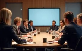 Ein warm beleuchtetes, realistisch inszeniertes Konferenzzimmer mit modernen digitalen Geräten, in dem engagierte Fachleute unterschiedlicher Generationen in konstruktivem Austausch die Zukunft der Verwaltung diskutieren und dabei Vertrauen, Fortschritt und Datenschutz symbolisieren.