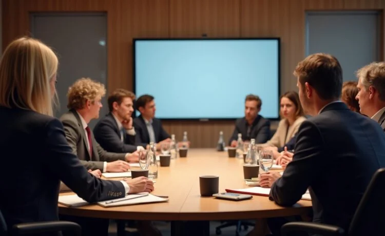Ein warm beleuchtetes, realistisch inszeniertes Konferenzzimmer mit modernen digitalen Geräten, in dem engagierte Fachleute unterschiedlicher Generationen in konstruktivem Austausch die Zukunft der Verwaltung diskutieren und dabei Vertrauen, Fortschritt und Datenschutz symbolisieren.