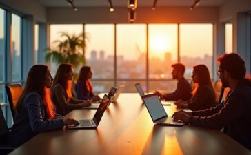 Ein warm ausgeleuchteter, moderner Konferenzraum mit einem dynamischen Startup-Team, das in entspannter Atmosphäre konzentriert lebhaft an Laptops und digitalen Tablets arbeitet, umgeben von großen Fenstern, durch die sanftes Tageslicht strömt und die Aufbruchsstimmung einer innovativen KI-gestützten M&A-Revolution einfängt.