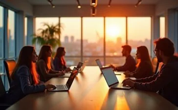 Ein warm ausgeleuchteter, moderner Konferenzraum mit einem dynamischen Startup-Team, das in entspannter Atmosphäre konzentriert lebhaft an Laptops und digitalen Tablets arbeitet, umgeben von großen Fenstern, durch die sanftes Tageslicht strömt und die Aufbruchsstimmung einer innovativen KI-gestützten M&A-Revolution einfängt.