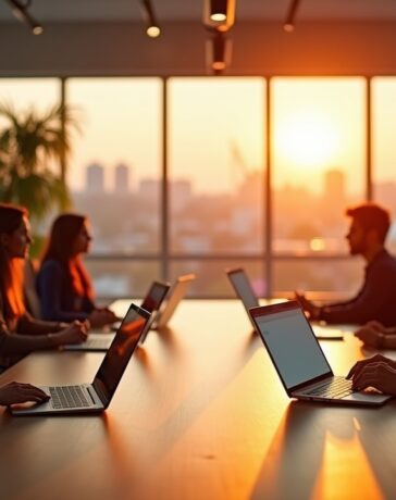 Ein warm ausgeleuchteter, moderner Konferenzraum mit einem dynamischen Startup-Team, das in entspannter Atmosphäre konzentriert lebhaft an Laptops und digitalen Tablets arbeitet, umgeben von großen Fenstern, durch die sanftes Tageslicht strömt und die Aufbruchsstimmung einer innovativen KI-gestützten M&A-Revolution einfängt.
