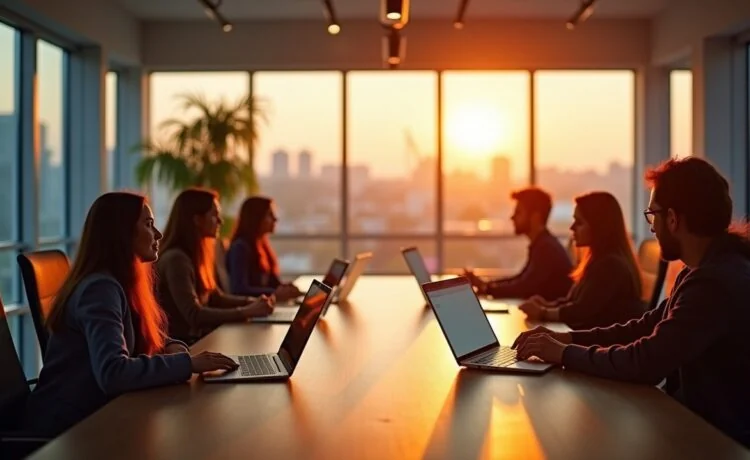 Ein warm ausgeleuchteter, moderner Konferenzraum mit einem dynamischen Startup-Team, das in entspannter Atmosphäre konzentriert lebhaft an Laptops und digitalen Tablets arbeitet, umgeben von großen Fenstern, durch die sanftes Tageslicht strömt und die Aufbruchsstimmung einer innovativen KI-gestützten M&A-Revolution einfängt.