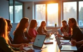 In einem hell erleuchteten, modernen Konferenzraum in Düsseldorf diskutieren dynamisch und engagiert mehrere Entwickler:innen und Tech-Expert:innen an Laptops und Tablets über zukunftsweisende Frontend-Technologien von TYPO3, umgeben von natürlichem Tageslicht und einer freundlichen, inspirierenden Atmosphäre.