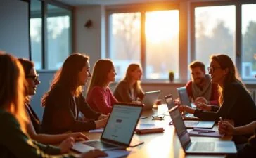 In einem hell erleuchteten, modernen Konferenzraum in Düsseldorf diskutieren dynamisch und engagiert mehrere Entwickler:innen und Tech-Expert:innen an Laptops und Tablets über zukunftsweisende Frontend-Technologien von TYPO3, umgeben von natürlichem Tageslicht und einer freundlichen, inspirierenden Atmosphäre.
