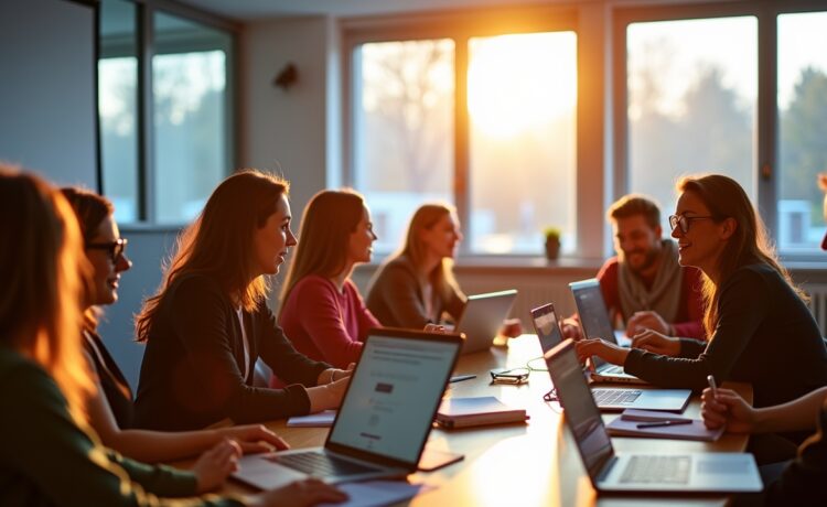 In einem hell erleuchteten, modernen Konferenzraum in Düsseldorf diskutieren dynamisch und engagiert mehrere Entwickler:innen und Tech-Expert:innen an Laptops und Tablets über zukunftsweisende Frontend-Technologien von TYPO3, umgeben von natürlichem Tageslicht und einer freundlichen, inspirierenden Atmosphäre.