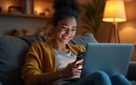 Ein modernes Wohnzimmer mit einer jungen, nachdenklich lächelnden Person, die ein Smartphone und Laptop benutzt, umgeben von warmem Tageslicht und dezenten technischen Gadgets, die den Alltag und die steigenden Technologiekosten 2026 spiegeln.