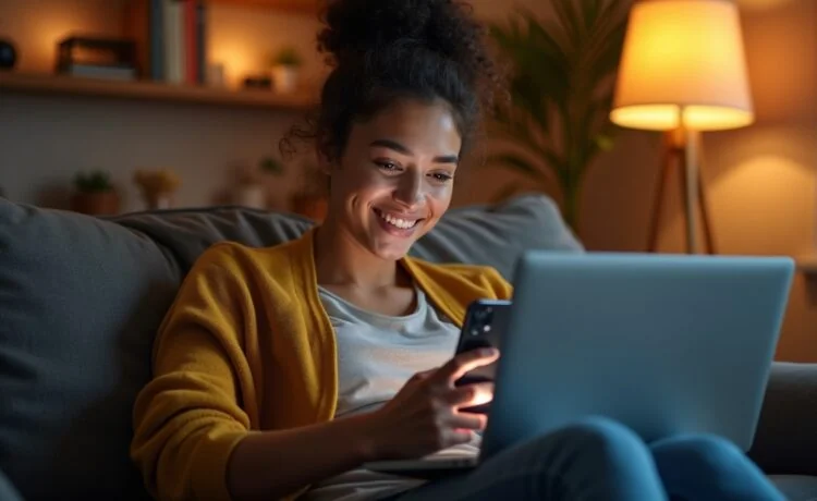 Ein modernes Wohnzimmer mit einer jungen, nachdenklich lächelnden Person, die ein Smartphone und Laptop benutzt, umgeben von warmem Tageslicht und dezenten technischen Gadgets, die den Alltag und die steigenden Technologiekosten 2026 spiegeln.