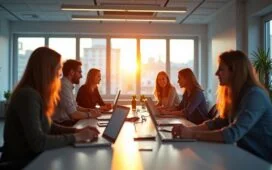 Ein lichtdurchflutetes, modernes Büro mit international zusammengesetztem Team in lebhafter Diskussion, das vertrauensvoll an digitalen Geräten arbeitet und dabei innovative Datenschutzlösungen nutzt – eine warme, einladende Atmosphäre, die globale Vernetzung und verantwortungsvolle Datenkommunikation harmonisch verbindet.