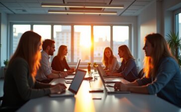 Ein lichtdurchflutetes, modernes Büro mit international zusammengesetztem Team in lebhafter Diskussion, das vertrauensvoll an digitalen Geräten arbeitet und dabei innovative Datenschutzlösungen nutzt – eine warme, einladende Atmosphäre, die globale Vernetzung und verantwortungsvolle Datenkommunikation harmonisch verbindet.