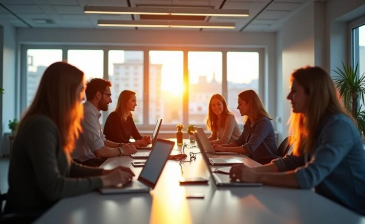 Ein lichtdurchflutetes, modernes Büro mit international zusammengesetztem Team in lebhafter Diskussion, das vertrauensvoll an digitalen Geräten arbeitet und dabei innovative Datenschutzlösungen nutzt – eine warme, einladende Atmosphäre, die globale Vernetzung und verantwortungsvolle Datenkommunikation harmonisch verbindet.