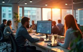 Ein hell erleuchtetes, modernes Büro mit einer Gruppe engagierter Fachleute, die in natürlichem Tageslicht an vernetzten Computern und digitalen Dashboards arbeiten, während die warme Atmosphäre Innovation, strategisches Denken und zukunftsorientierte Zusammenarbeit in der digitalen Infrastruktur symbolisiert.