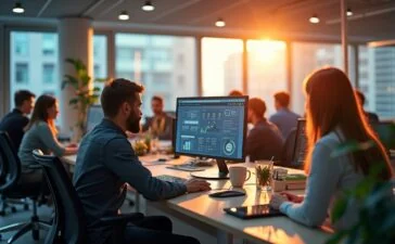 Ein hell erleuchtetes, modernes Büro mit einer Gruppe engagierter Fachleute, die in natürlichem Tageslicht an vernetzten Computern und digitalen Dashboards arbeiten, während die warme Atmosphäre Innovation, strategisches Denken und zukunftsorientierte Zusammenarbeit in der digitalen Infrastruktur symbolisiert.