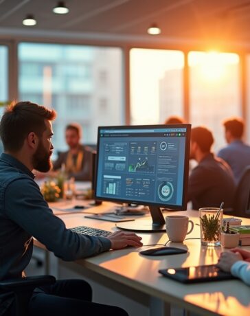Ein hell erleuchtetes, modernes Büro mit einer Gruppe engagierter Fachleute, die in natürlichem Tageslicht an vernetzten Computern und digitalen Dashboards arbeiten, während die warme Atmosphäre Innovation, strategisches Denken und zukunftsorientierte Zusammenarbeit in der digitalen Infrastruktur symbolisiert.