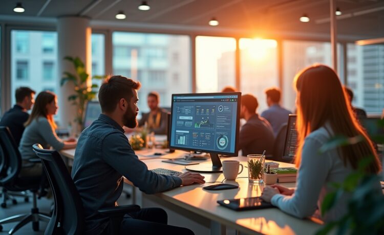 Ein hell erleuchtetes, modernes Büro mit einer Gruppe engagierter Fachleute, die in natürlichem Tageslicht an vernetzten Computern und digitalen Dashboards arbeiten, während die warme Atmosphäre Innovation, strategisches Denken und zukunftsorientierte Zusammenarbeit in der digitalen Infrastruktur symbolisiert.