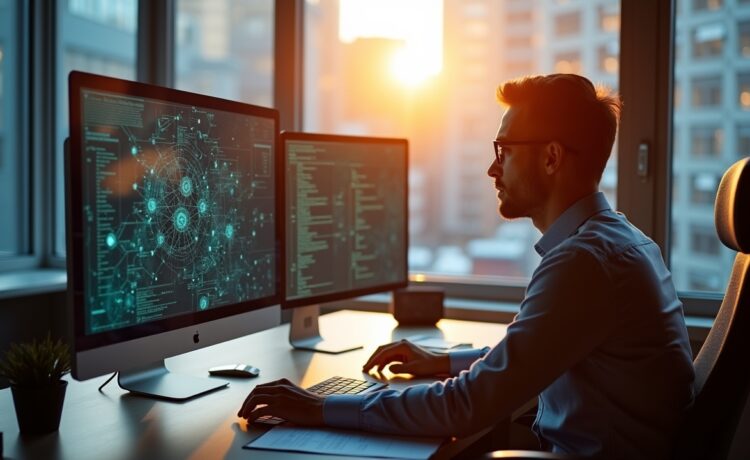 Ein sonnendurchflutetes modernes Büro mit einem konzentrierten IT-Experten vor mehreren Bildschirmen, die komplexe Netzwerkinfrastrukturen und Offline-Systeme visualisieren, während warmes Tageslicht durch große Fenster fällt und eine Atmosphäre von Zuversicht und technischer Innovation schafft.