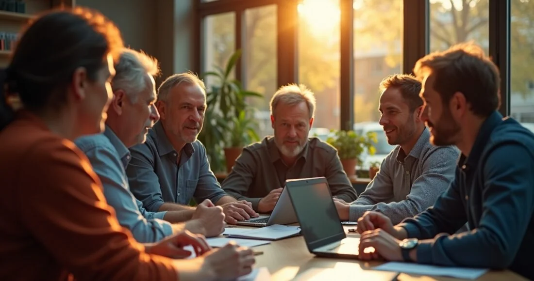 Ein warm beleuchteter, hell erstrahlender Arbeitsplatz mit einem konzentrierten Entwicklerteam verschiedener Altersgruppen, die in natürlichem Tageslicht an modernen Laptops zusammenarbeiten und mit lebendiger Mimik den produktiven Austausch im Angesicht innovativer KI-gestützter Programmierwerkzeuge erleben.
