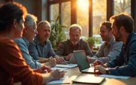 Ein warm beleuchteter, hell erstrahlender Arbeitsplatz mit einem konzentrierten Entwicklerteam verschiedener Altersgruppen, die in natürlichem Tageslicht an modernen Laptops zusammenarbeiten und mit lebendiger Mimik den produktiven Austausch im Angesicht innovativer KI-gestützter Programmierwerkzeuge erleben.