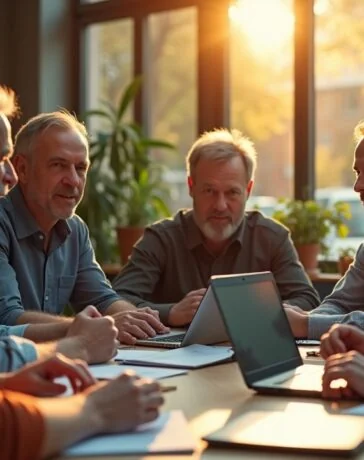 Ein warm beleuchteter, hell erstrahlender Arbeitsplatz mit einem konzentrierten Entwicklerteam verschiedener Altersgruppen, die in natürlichem Tageslicht an modernen Laptops zusammenarbeiten und mit lebendiger Mimik den produktiven Austausch im Angesicht innovativer KI-gestützter Programmierwerkzeuge erleben.