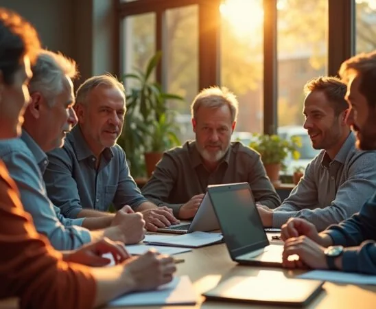 Ein warm beleuchteter, hell erstrahlender Arbeitsplatz mit einem konzentrierten Entwicklerteam verschiedener Altersgruppen, die in natürlichem Tageslicht an modernen Laptops zusammenarbeiten und mit lebendiger Mimik den produktiven Austausch im Angesicht innovativer KI-gestützter Programmierwerkzeuge erleben.