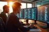 Ein strahlend beleuchtetes, modernes Entwicklerbüro mit jungen Programmierern in angeregtem Austausch vor mehreren Bildschirmen, die komplexen Code anzeigen, während warmes Tageslicht durch große Fenster fällt und eine einladende, produktive Atmosphäre schafft.