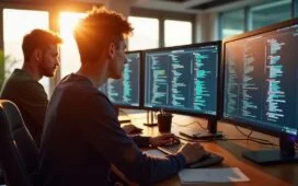 Ein strahlend beleuchtetes, modernes Entwicklerbüro mit jungen Programmierern in angeregtem Austausch vor mehreren Bildschirmen, die komplexen Code anzeigen, während warmes Tageslicht durch große Fenster fällt und eine einladende, produktive Atmosphäre schafft.