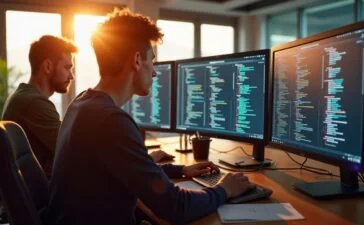 Ein strahlend beleuchtetes, modernes Entwicklerbüro mit jungen Programmierern in angeregtem Austausch vor mehreren Bildschirmen, die komplexen Code anzeigen, während warmes Tageslicht durch große Fenster fällt und eine einladende, produktive Atmosphäre schafft.