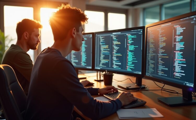 Ein strahlend beleuchtetes, modernes Entwicklerbüro mit jungen Programmierern in angeregtem Austausch vor mehreren Bildschirmen, die komplexen Code anzeigen, während warmes Tageslicht durch große Fenster fällt und eine einladende, produktive Atmosphäre schafft.