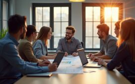 In einem modern gestalteten Büro mit großen Fenstern, durchflutet von warmem Tageslicht, sitzt ein fokussiertes, vielfältiges IT-Team um einen Tisch, auf dem Laptops, Tablets und technische Skizzen verteilt sind, während ein erfahrener Cloud-Experte mit freundlichem Lächeln gemeinsame Strategien für den Wechsel zu europäischen Cloud-Lösungen erläutert – eine lebendige Szene der digitalen Souveränität und kooperativen Innovation.