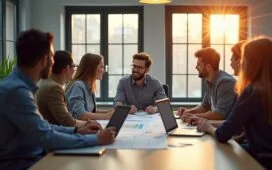 In einem modern gestalteten Büro mit großen Fenstern, durchflutet von warmem Tageslicht, sitzt ein fokussiertes, vielfältiges IT-Team um einen Tisch, auf dem Laptops, Tablets und technische Skizzen verteilt sind, während ein erfahrener Cloud-Experte mit freundlichem Lächeln gemeinsame Strategien für den Wechsel zu europäischen Cloud-Lösungen erläutert – eine lebendige Szene der digitalen Souveränität und kooperativen Innovation.