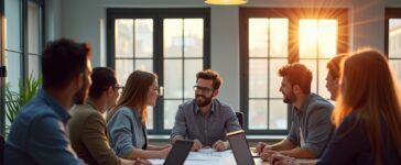 In einem modern gestalteten Büro mit großen Fenstern, durchflutet von warmem Tageslicht, sitzt ein fokussiertes, vielfältiges IT-Team um einen Tisch, auf dem Laptops, Tablets und technische Skizzen verteilt sind, während ein erfahrener Cloud-Experte mit freundlichem Lächeln gemeinsame Strategien für den Wechsel zu europäischen Cloud-Lösungen erläutert – eine lebendige Szene der digitalen Souveränität und kooperativen Innovation.