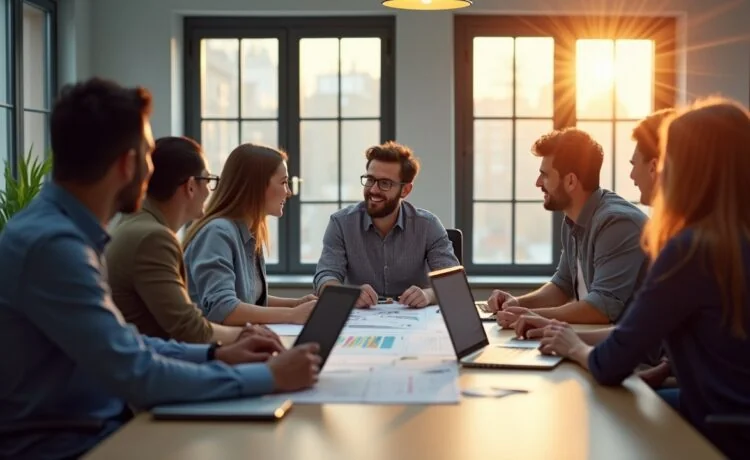 In einem modern gestalteten Büro mit großen Fenstern, durchflutet von warmem Tageslicht, sitzt ein fokussiertes, vielfältiges IT-Team um einen Tisch, auf dem Laptops, Tablets und technische Skizzen verteilt sind, während ein erfahrener Cloud-Experte mit freundlichem Lächeln gemeinsame Strategien für den Wechsel zu europäischen Cloud-Lösungen erläutert – eine lebendige Szene der digitalen Souveränität und kooperativen Innovation.