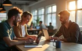 Ein hell erleuchteter, moderner Arbeitsraum mit einem Team entspannter Entwickler, die in natürlichem Tageslicht konzentriert an Laptops mit Codes arbeiten, lebhafte Mimik und kollegiale Kommunikation ausstrahlend, umgeben von minimalistischer Technik und großen Fenstern, die eine warme, einladende Atmosphäre schaffen.