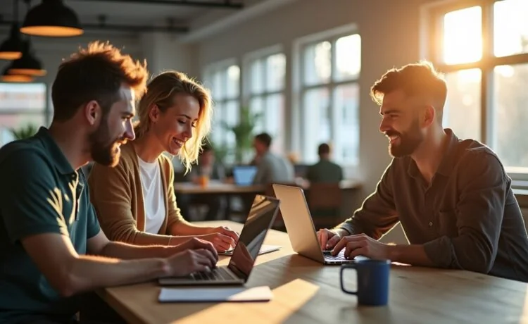 Ein hell erleuchteter, moderner Arbeitsraum mit einem Team entspannter Entwickler, die in natürlichem Tageslicht konzentriert an Laptops mit Codes arbeiten, lebhafte Mimik und kollegiale Kommunikation ausstrahlend, umgeben von minimalistischer Technik und großen Fenstern, die eine warme, einladende Atmosphäre schaffen.