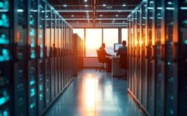 Ein hell erleuchtetes, modernes Rechenzentrum mit glänzenden Serverracks im Vordergrund, warmes Tageslicht fällt durch große Fenster und erzeugt eine freundliche Atmosphäre, während im Hintergrund motivierte IT-Experten in angeregter, kollaborativer Stimmung an Bildschirmen arbeiten – ein Sinnbild für zukunftsweisende Technologien, intelligente Automatisierung und nachhaltige Innovation in der Hosting-Branche.