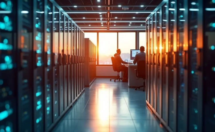 Ein hell erleuchtetes, modernes Rechenzentrum mit glänzenden Serverracks im Vordergrund, warmes Tageslicht fällt durch große Fenster und erzeugt eine freundliche Atmosphäre, während im Hintergrund motivierte IT-Experten in angeregter, kollaborativer Stimmung an Bildschirmen arbeiten – ein Sinnbild für zukunftsweisende Technologien, intelligente Automatisierung und nachhaltige Innovation in der Hosting-Branche.