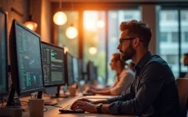 Ein warm beleuchtetes, modernes Büro mit lächelnden IT-Profis, die konzentriert vor mehreren Monitoren mit dynamischen Diagrammen und Container-Icons sitzen, während natürliches Tageslicht durch große Fenster fällt und eine einladende, kollaborative Atmosphäre schafft.