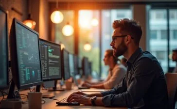 Ein warm beleuchtetes, modernes Büro mit lächelnden IT-Profis, die konzentriert vor mehreren Monitoren mit dynamischen Diagrammen und Container-Icons sitzen, während natürliches Tageslicht durch große Fenster fällt und eine einladende, kollaborative Atmosphäre schafft.