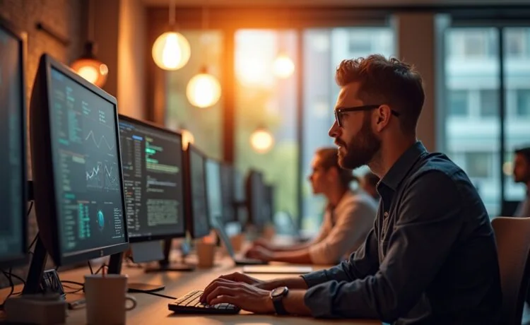 Ein warm beleuchtetes, modernes Büro mit lächelnden IT-Profis, die konzentriert vor mehreren Monitoren mit dynamischen Diagrammen und Container-Icons sitzen, während natürliches Tageslicht durch große Fenster fällt und eine einladende, kollaborative Atmosphäre schafft.