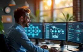 Ein hell erleuchteter, moderner Arbeitsplatz mit einem freundlichen IT-Experten, der konzentriert vor mehreren Bildschirmen sitzt, auf denen schematische Netzwerkgrafiken und Proxy-Architekturen zu sehen sind, eingerahmt von natürlichem Tageslicht, das eine warme und einladende Atmosphäre für den Vergleich moderner Cloud-native und traditioneller Proxy-Technologien schafft.