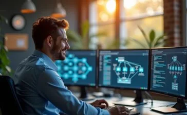 Ein hell erleuchteter, moderner Arbeitsplatz mit einem freundlichen IT-Experten, der konzentriert vor mehreren Bildschirmen sitzt, auf denen schematische Netzwerkgrafiken und Proxy-Architekturen zu sehen sind, eingerahmt von natürlichem Tageslicht, das eine warme und einladende Atmosphäre für den Vergleich moderner Cloud-native und traditioneller Proxy-Technologien schafft.