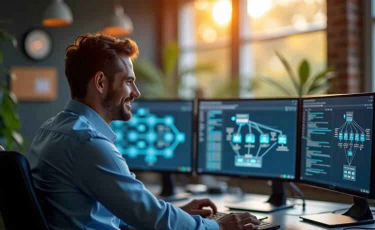 Ein hell erleuchteter, moderner Arbeitsplatz mit einem freundlichen IT-Experten, der konzentriert vor mehreren Bildschirmen sitzt, auf denen schematische Netzwerkgrafiken und Proxy-Architekturen zu sehen sind, eingerahmt von natürlichem Tageslicht, das eine warme und einladende Atmosphäre für den Vergleich moderner Cloud-native und traditioneller Proxy-Technologien schafft.